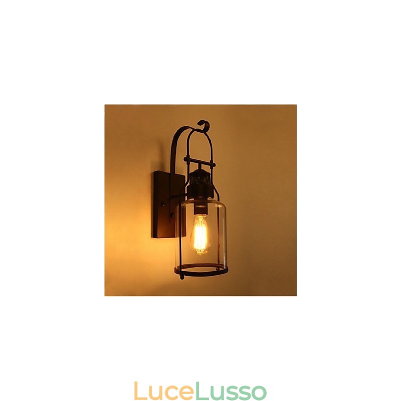 Applique da parete retrò industriale da loft con 1 luce e vetro trasparente