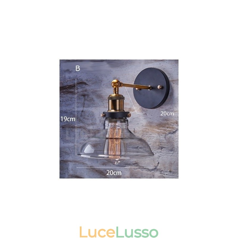 Applique da parete rustica da camera da letto con paralume in vetro, 1 luce