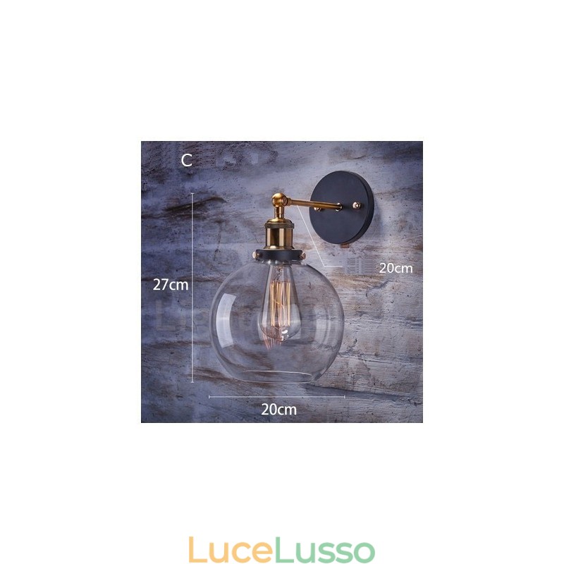 Applique da parete rustica da camera da letto con paralume in vetro, 1 luce