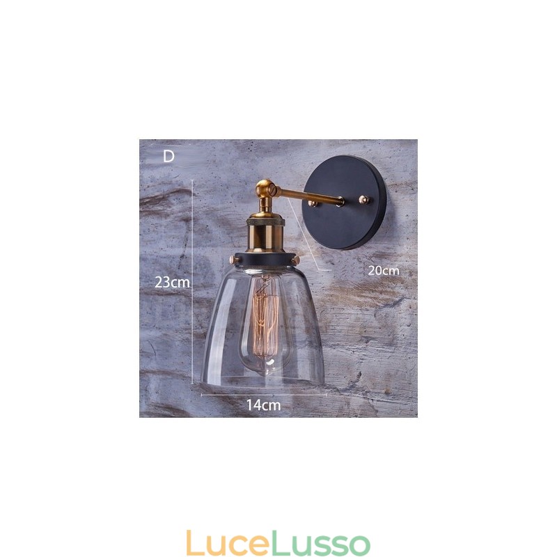 Applique da parete rustica da camera da letto con paralume in vetro, 1 luce