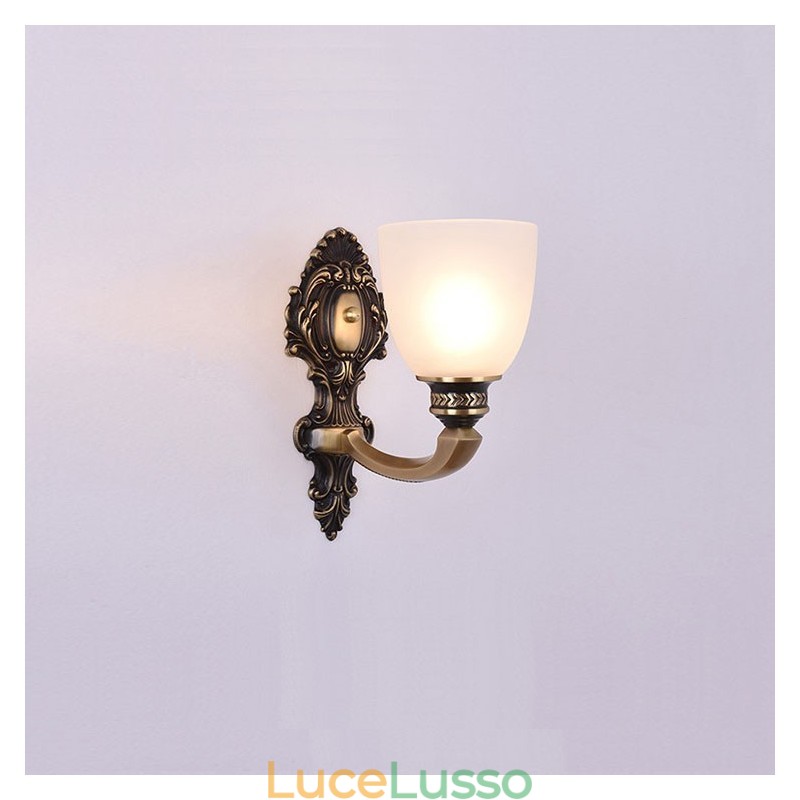 Applique da parete in ottone puro, lussuosa, rustica, retrò, vintage, con 1 candela, con paralume in vetro, speciale per hotel, ufficio, showroom, soggiorno, sala da pranzo
