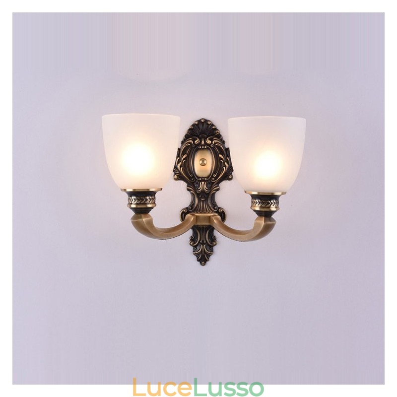 Applique da parete in ottone puro, lussuosa, rustica, retrò, vintage, a 2 luci, con paralumi in vetro, speciale per hotel, ufficio, showroom, soggiorno, sala da pranzo