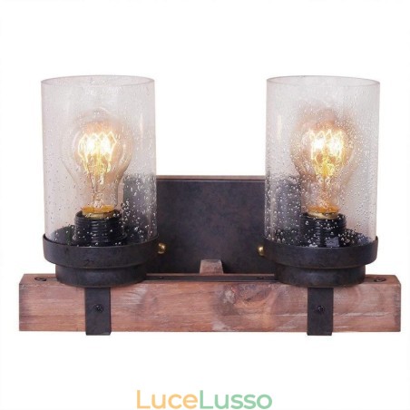 Applique da parete in stile industriale vintage in legno a 2 luci per bar, loft, caffè, ristorante Applique da parete in stile industriale vintage in legno a 2 luci per bar, loft, caffè, ristorante