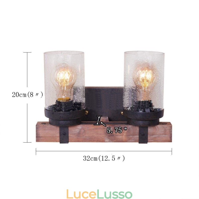 Applique da parete in stile industriale vintage in legno a 2 luci per bar, loft, caffè, ristorante