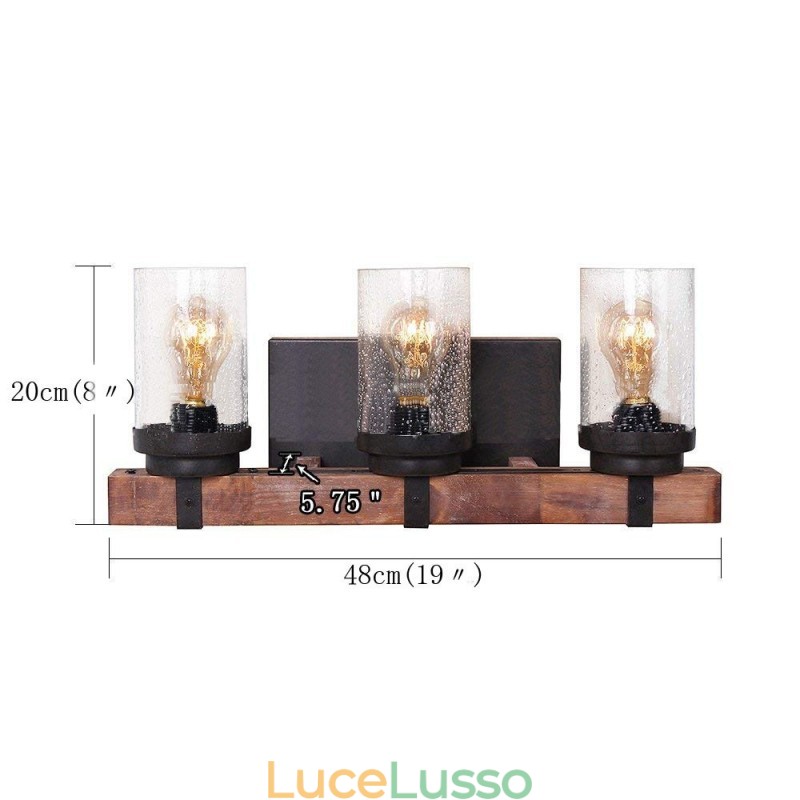 Applique da parete in stile industriale vintage in legno a 3 luci per bar, loft, caffè, ristorante