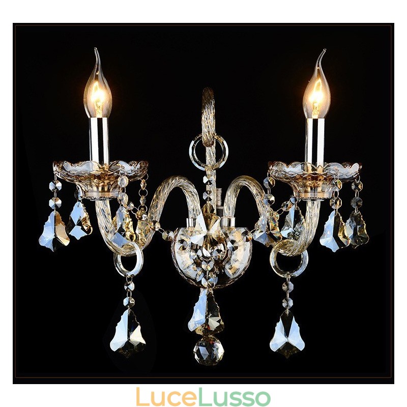 Applique da parete in vetro retrò con candela di cristallo K9 color cognac abbinato a 2 luci