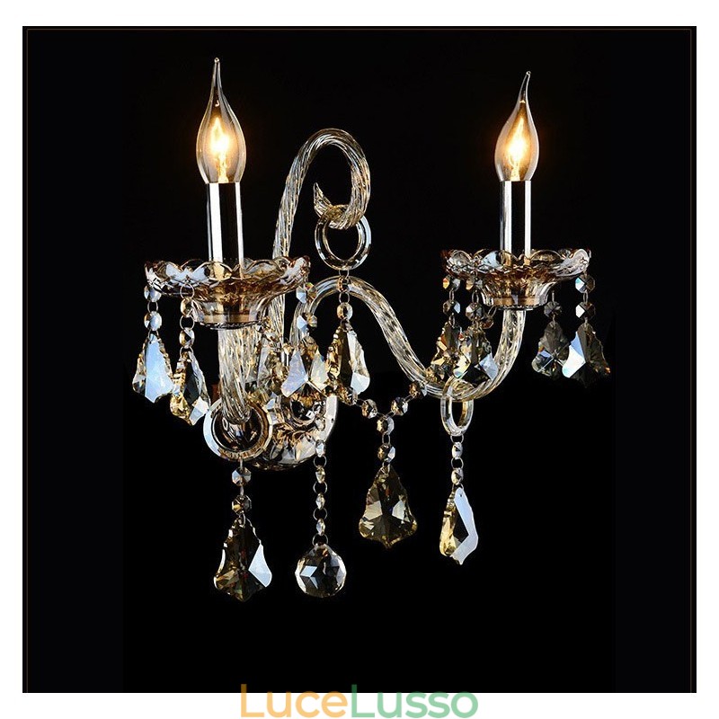 Applique da parete in vetro retrò con candela di cristallo K9 color cognac abbinato a 2 luci