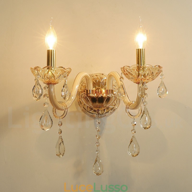 Applique da parete in vetro retrò con candela in cristallo K9 color oro chiaro a 2 luci