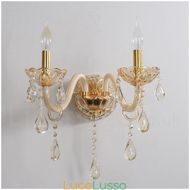 Applique da parete in vetro retrò con candela in cristallo K9 color oro chiaro a 2 luci