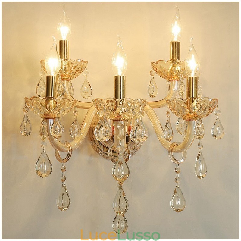 Applique da parete in vetro retrò con candela in cristallo K9 color oro chiaro da 5 luci