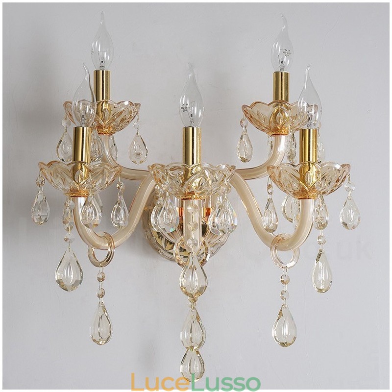 Applique da parete in vetro retrò con candela in cristallo K9 color oro chiaro da 5 luci