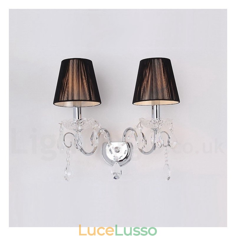 Applique da parete in vetro retrò con candela in cristallo K9 color argento cromato a 2 luci con paralumi in tessuto nero