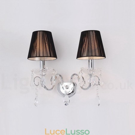 Applique da parete in vetro retrò con candela in cristallo K9 color argento cromato a 2 luci con paralumi in tessuto nero Applique da parete in vetro retrò con candela in cristallo K9 color argento cromato a 2 luci con paralumi in tessuto nero
