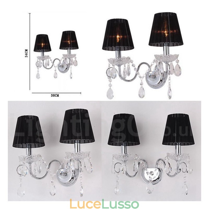 Applique da parete in vetro retrò con candela in cristallo K9 color argento cromato a 2 luci con paralumi in tessuto nero