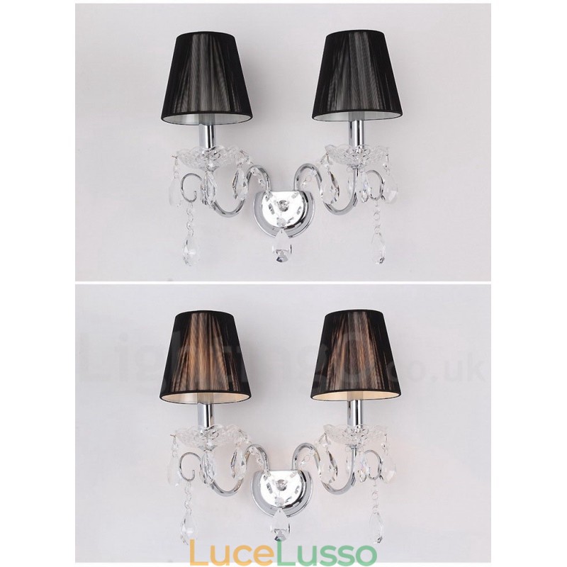 Applique da parete in vetro retrò con candela in cristallo K9 color argento cromato a 2 luci con paralumi in tessuto nero