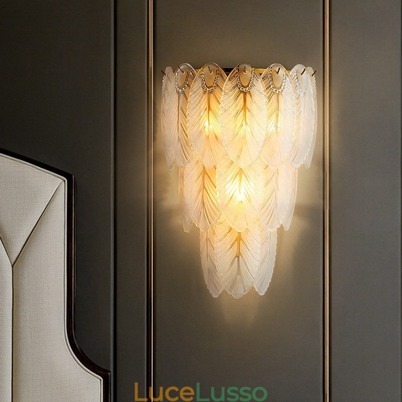 Applique da parete in cristallo con piume francesi nordiche Illuminazione postmoderna di lusso Soggiorno Sfondo Parete Corridoio come lampada da parete a pannello per hotel
