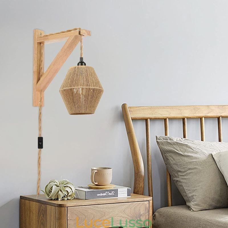 Applique da parete in corda di carta, lampada da parete retrò pastorale americana con spina