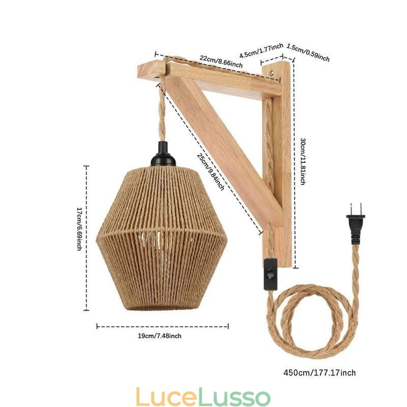 Applique da parete in corda di carta, lampada da parete retrò pastorale americana con spina