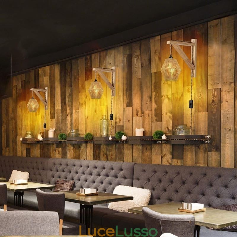 Applique da parete in corda di carta, lampada da parete retrò pastorale americana con spina