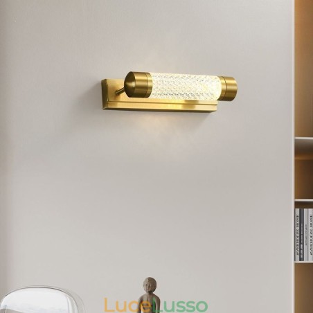 Lampada da parete in ottone, cilindro in acrilico, luce frontale a specchio Lampada da parete in ottone, cilindro in acrilico, luce frontale a specchio