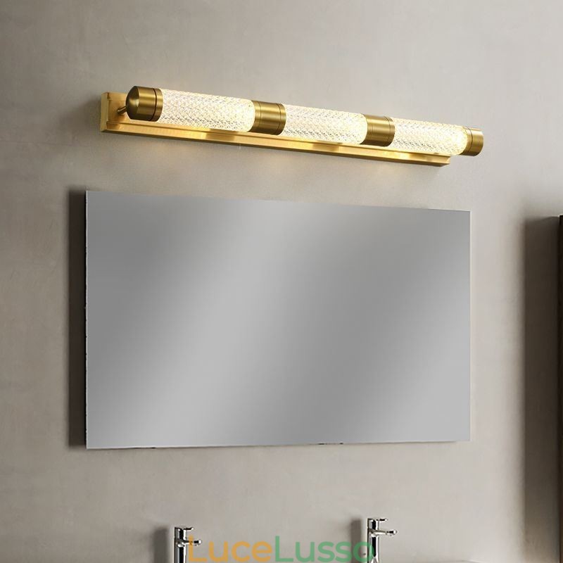 Lampada da parete in ottone, cilindro in acrilico, luce frontale a specchio