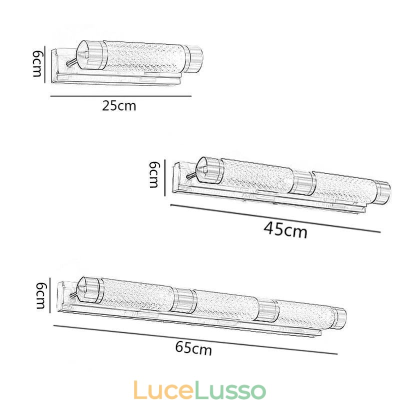 Lampada da parete in ottone, cilindro in acrilico, luce frontale a specchio