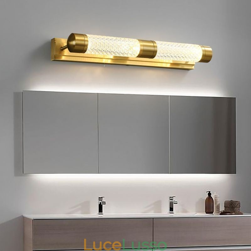 Lampada da parete in ottone, cilindro in acrilico, luce frontale a specchio