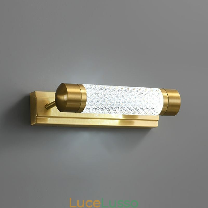 Lampada da parete in ottone, cilindro in acrilico, luce frontale a specchio