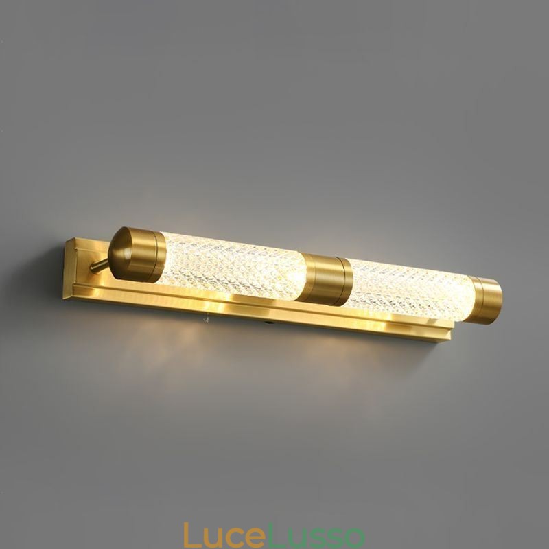 Lampada da parete in ottone, cilindro in acrilico, luce frontale a specchio