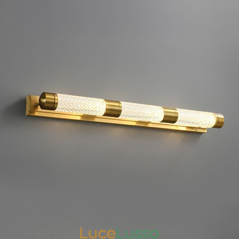 Lampada da parete in ottone, cilindro in acrilico, luce frontale a specchio