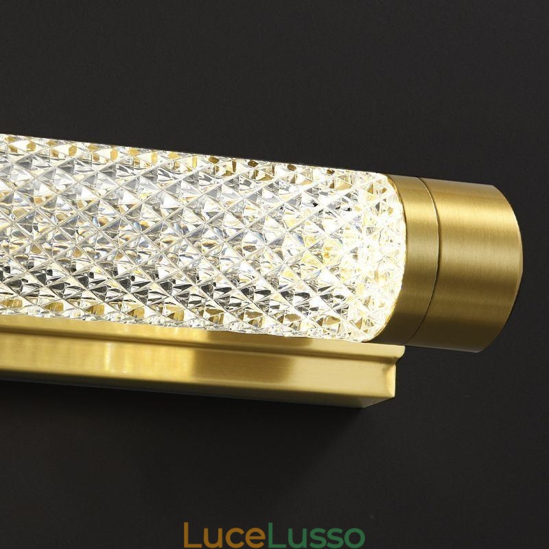 Lampada da parete in ottone, cilindro in acrilico, luce frontale a specchio