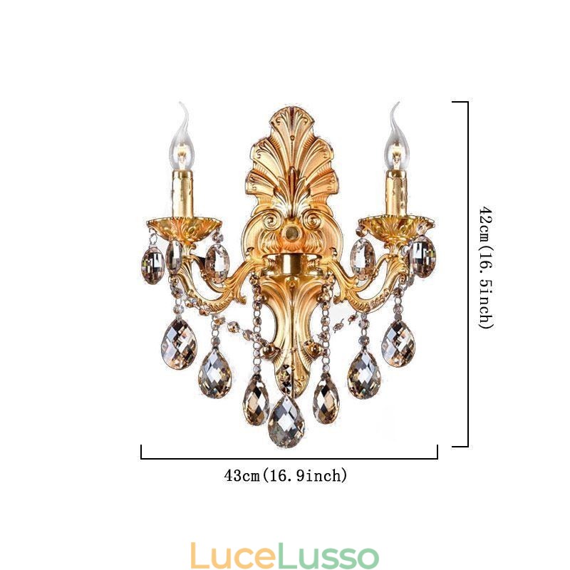 Lampada da parete europea con petalo dorato, applique da parete con gocce di cristallo squisite, illuminazione da comodino