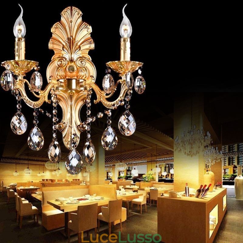 Lampada da parete europea con petalo dorato, applique da parete con gocce di cristallo squisite, illuminazione da comodino