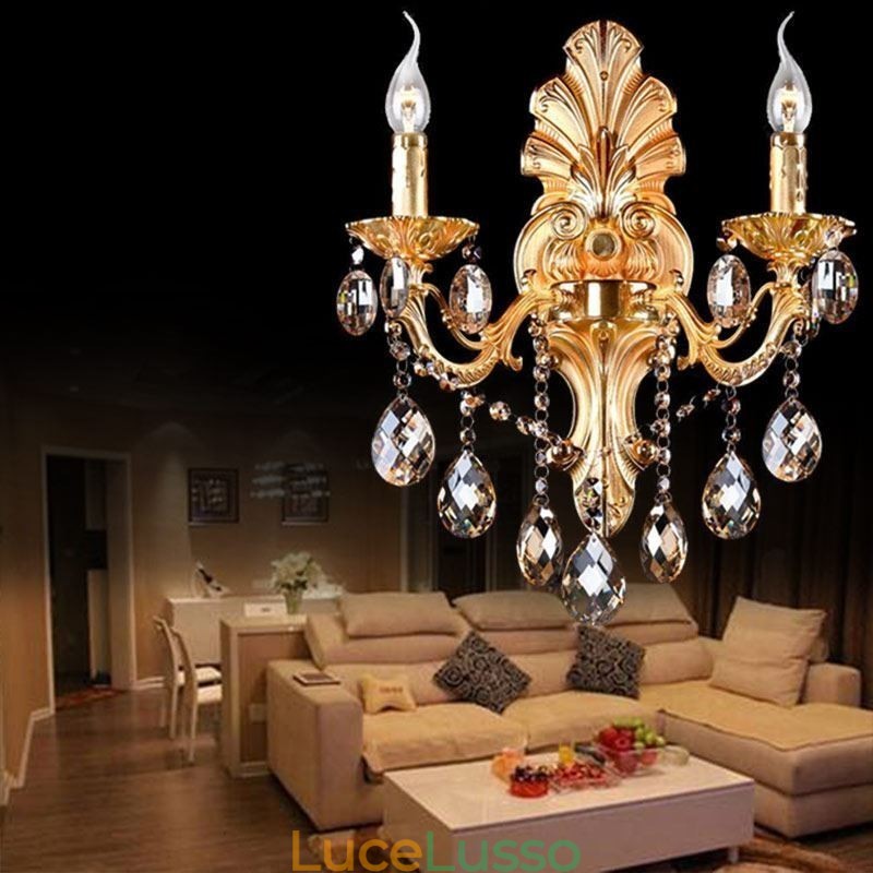 Lampada da parete europea con petalo dorato, applique da parete con gocce di cristallo squisite, illuminazione da comodino
