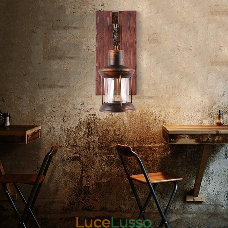 Applique da parete vintage americana Lampada da parete industriale LOFT in legno massello Lampada in vetro