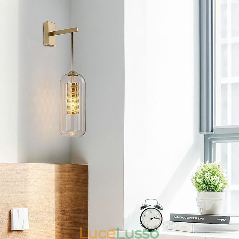 Lampada da parete in ottone nordico con paralume in vetro cilindrico interno cavo