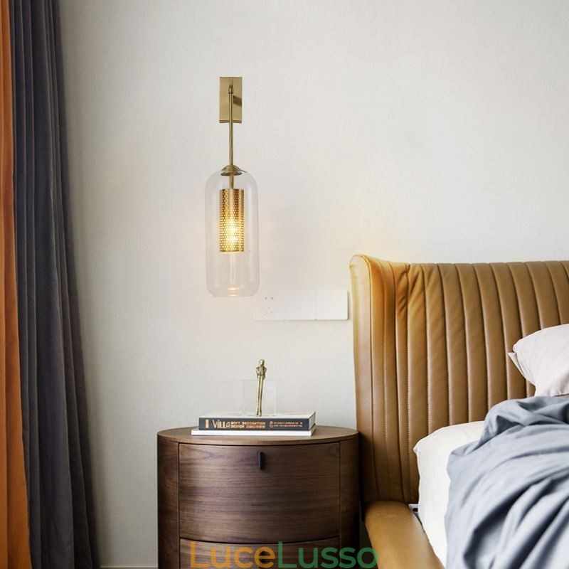 Lampada da parete in ottone nordico con paralume in vetro cilindrico interno cavo