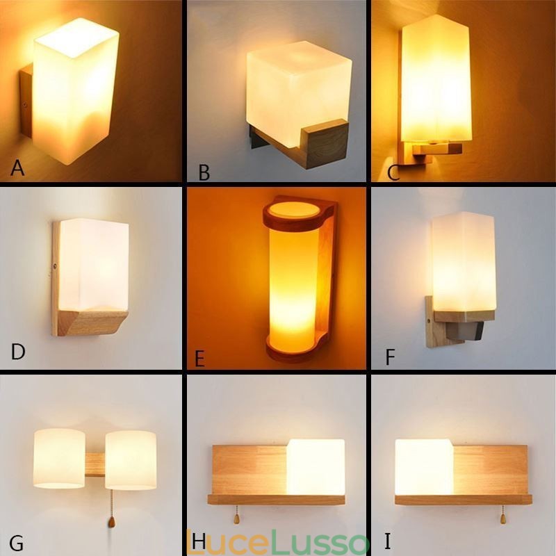 Lampada da parete in legno nordico con paralume in vetro