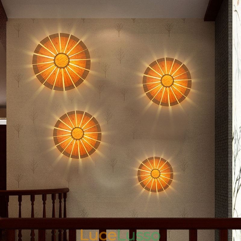 Applique da parete rotonda con fiori, unica lampada da parete in bambù, illuminazione decorativa creativa