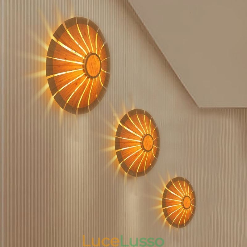 Applique da parete rotonda con fiori, unica lampada da parete in bambù, illuminazione decorativa creativa