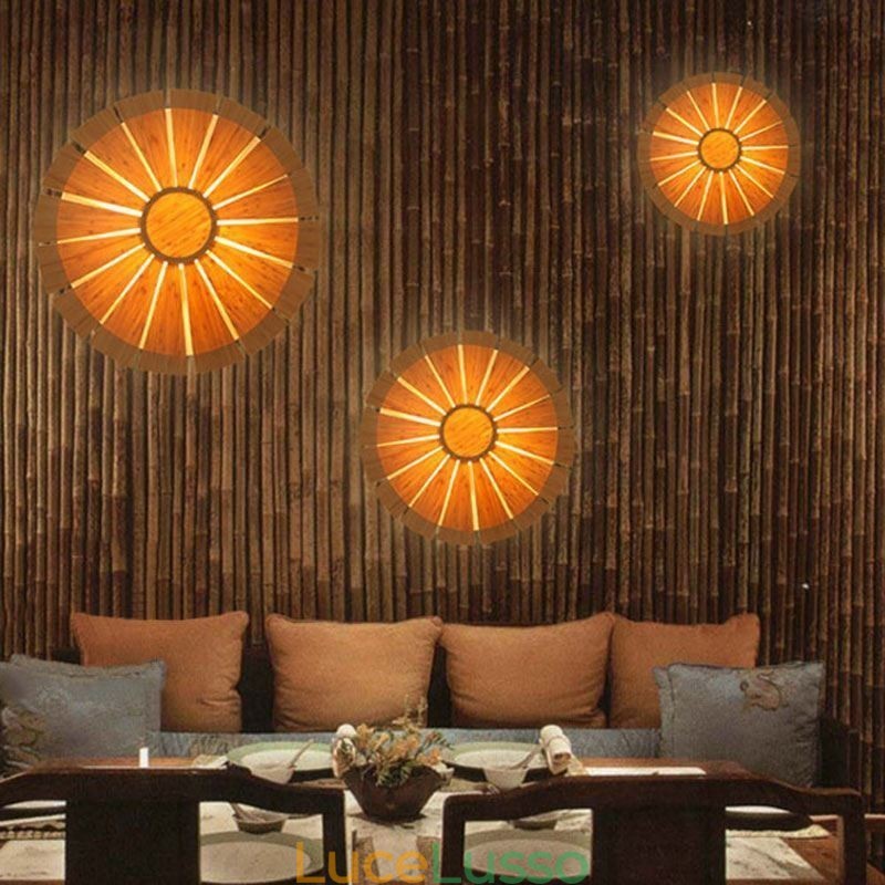 Applique da parete rotonda con fiori, unica lampada da parete in bambù, illuminazione decorativa creativa