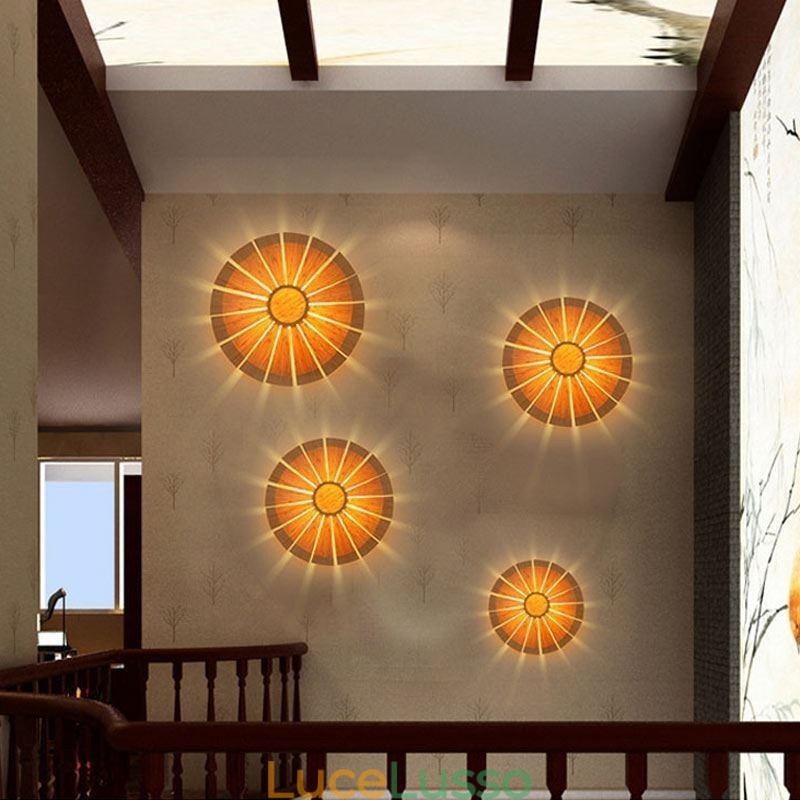 Applique da parete rotonda con fiori, unica lampada da parete in bambù, illuminazione decorativa creativa