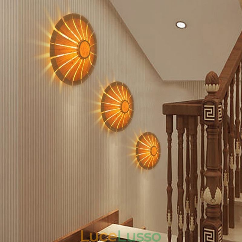 Applique da parete rotonda con fiori, unica lampada da parete in bambù, illuminazione decorativa creativa