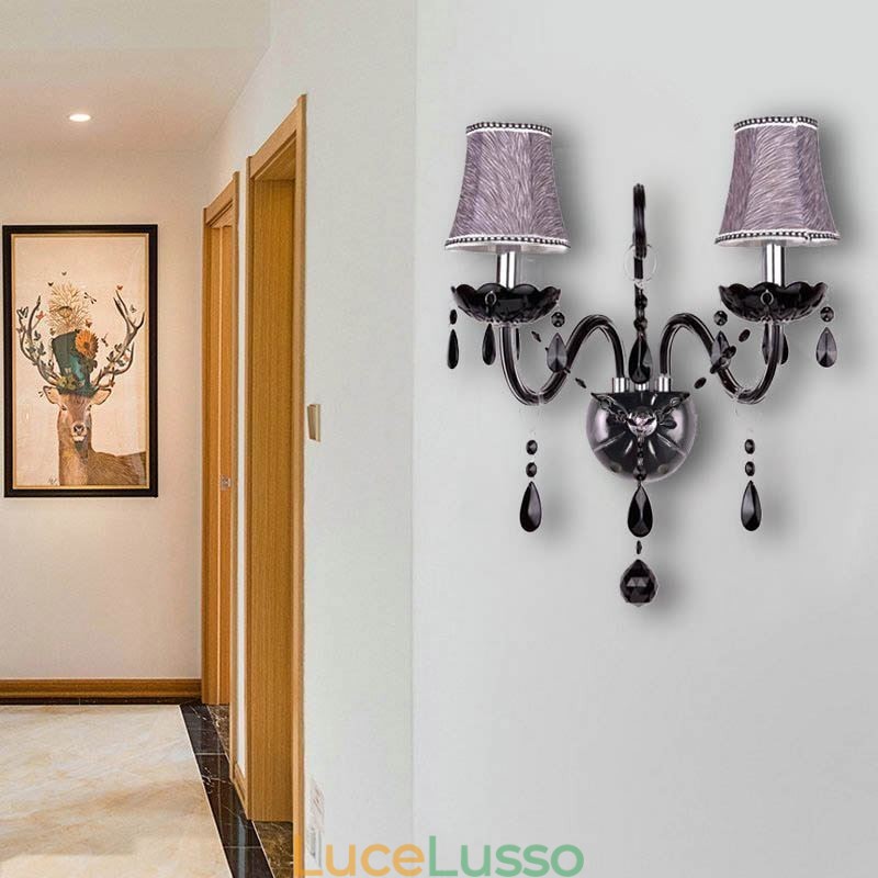 Applique da parete in cristallo in stile europeo, lampada da parete a due luci con candela nera