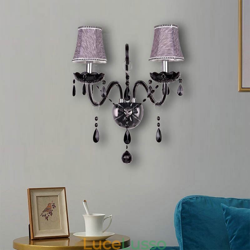 Applique da parete in cristallo in stile europeo, lampada da parete a due luci con candela nera