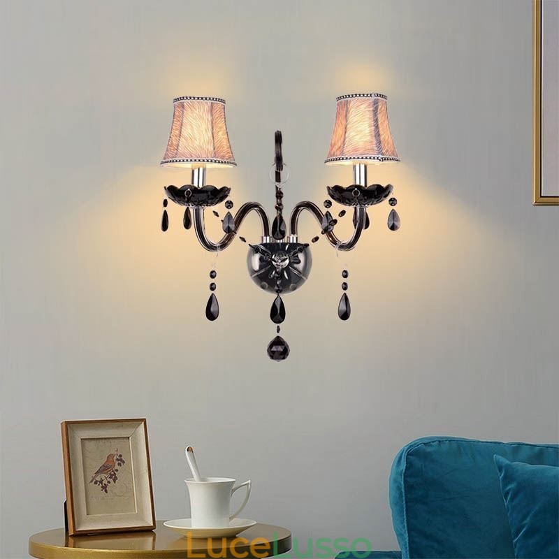 Applique da parete in cristallo in stile europeo, lampada da parete a due luci con candela nera