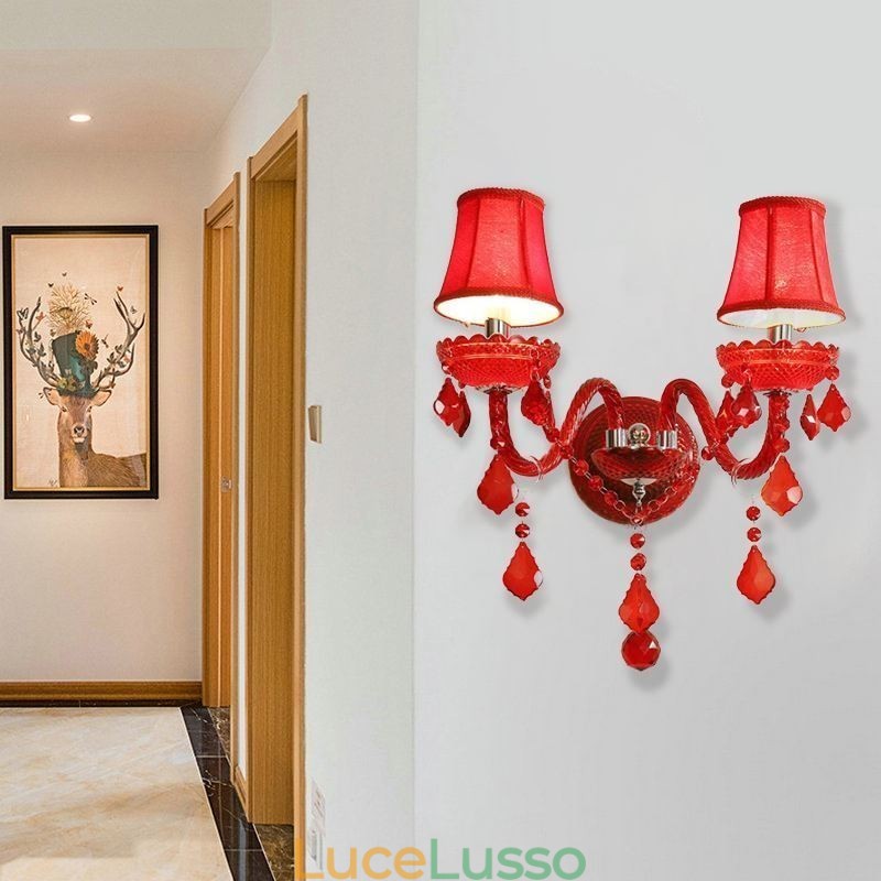 Applique da parete in cristallo europeo, luce di colore rosso
