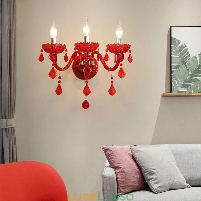 Applique da parete in cristallo europeo, luce di colore rosso