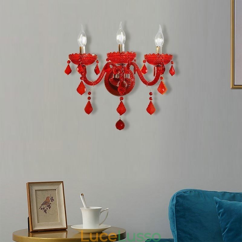 Applique da parete in cristallo europeo, luce di colore rosso