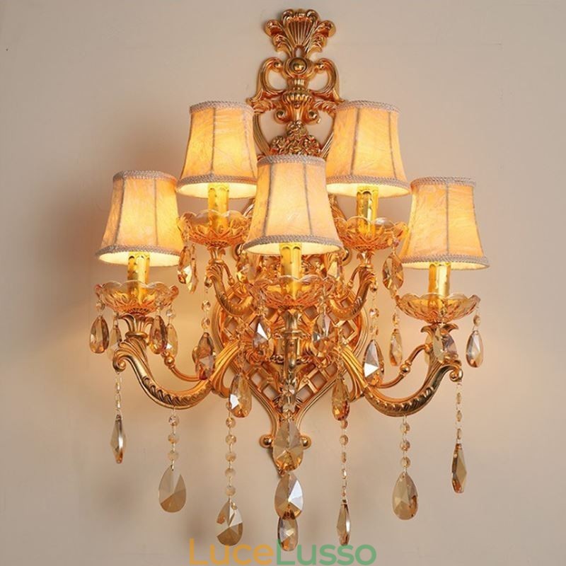 Applique da parete di cristallo di lusso europea in lega di zinco a cinque luci